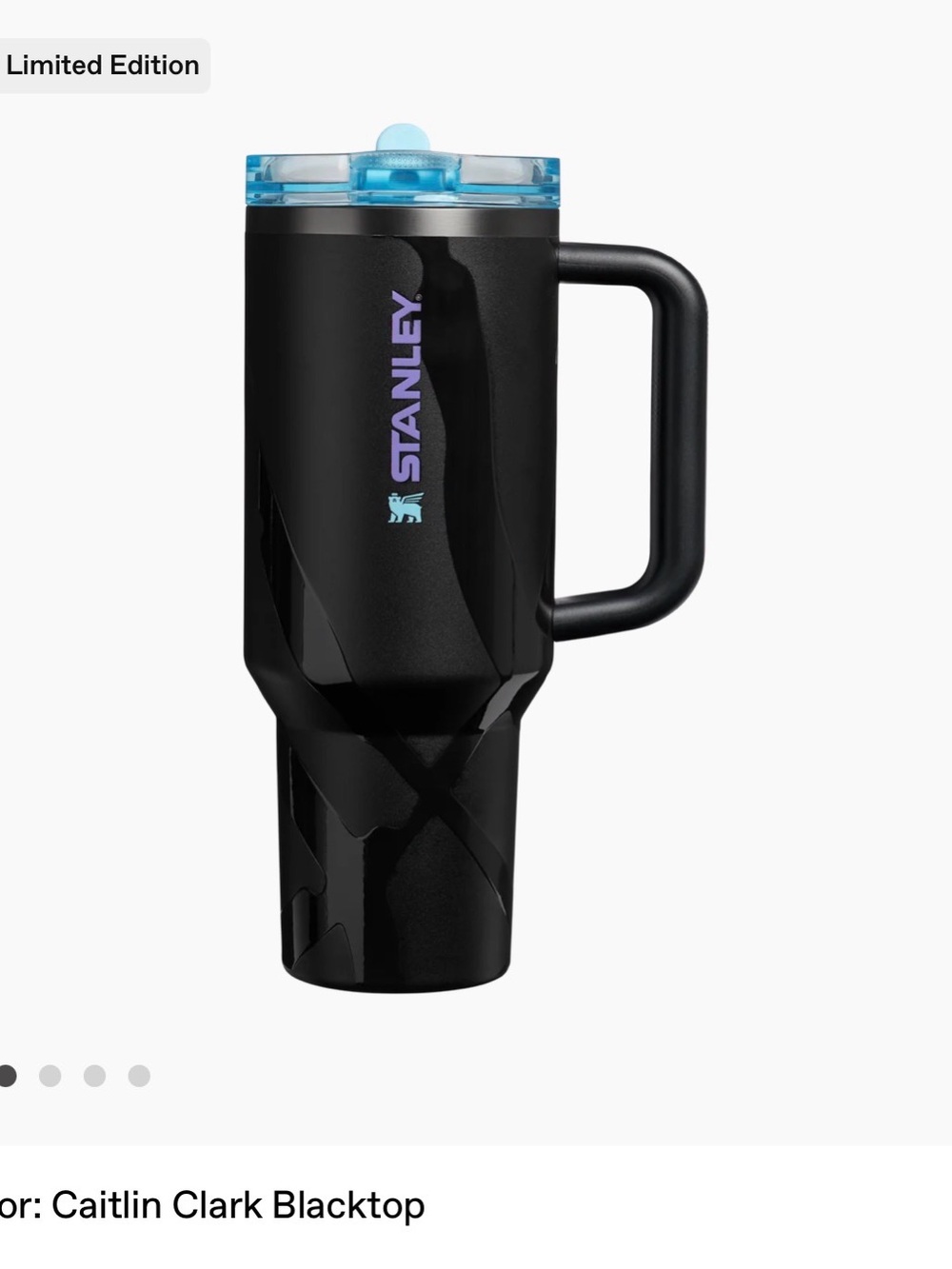 Caitlin Clark Stanley Black Travel Mug with Light Blue Lid and Purple Logo